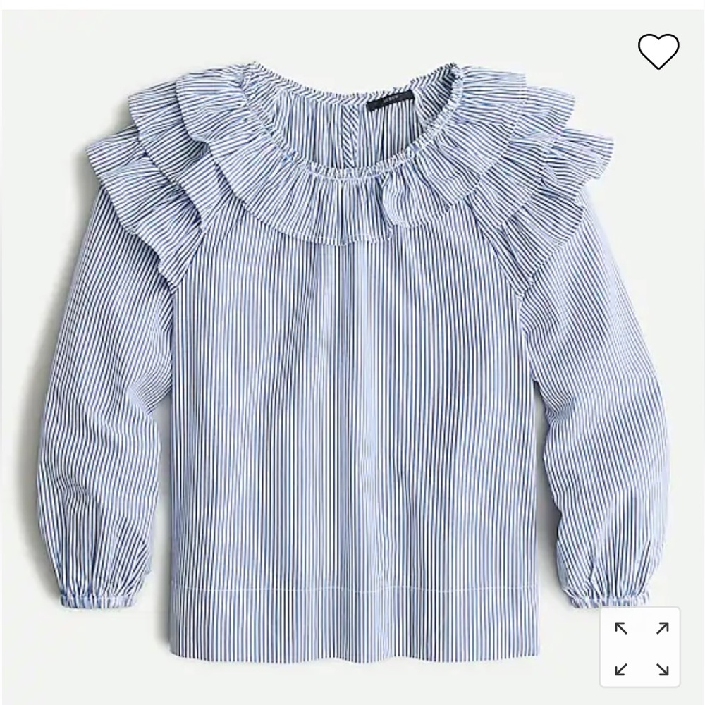 J. Crew Blue and White Striped Ruffle Neck Blouse
